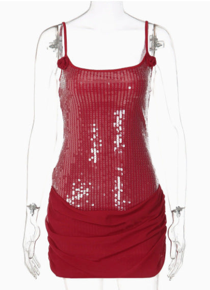 Vestido Mini Halter Lentejuelas Pedrería Palabra de Honor Ajustado Sexy Mujer