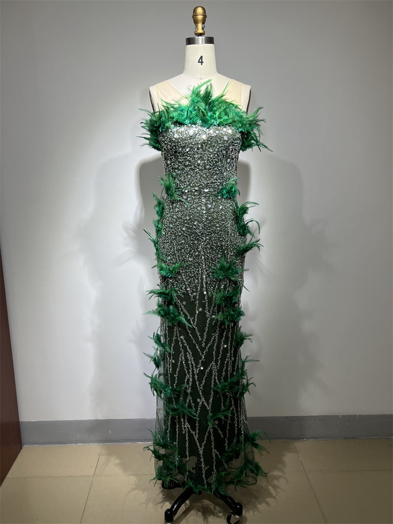 Vestido Largo Maxi Fiesta Noche Sin Mangas Plumas Verde Lujoso Formal Elegante Verano Mujer