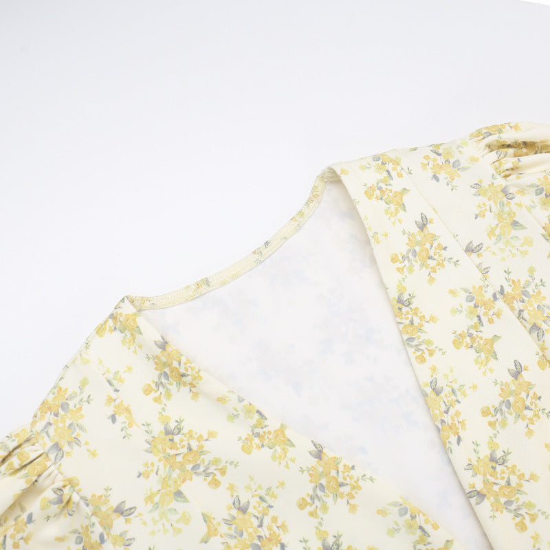 Vestido Largo Floral Escote en V Manga Corta Cintura Alta Silueta A-Line Mujer