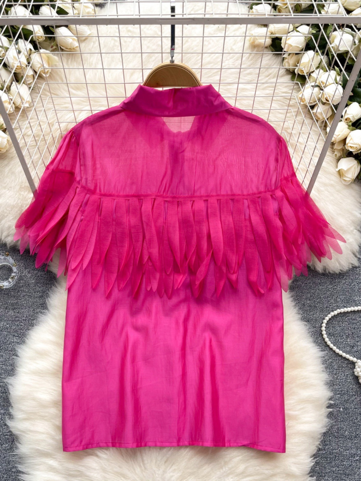 Top Sin Mangas Flecos Transparente Cuello Polo Holgado Mujer