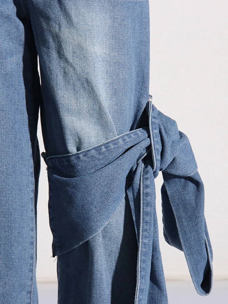 Vaqueros Pierna Ancha Cintura Alta Asimétrico Lazo Patchwork Denim Mujer