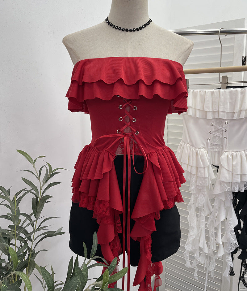 Lace strapless top with ruffled edges and lace patchwork