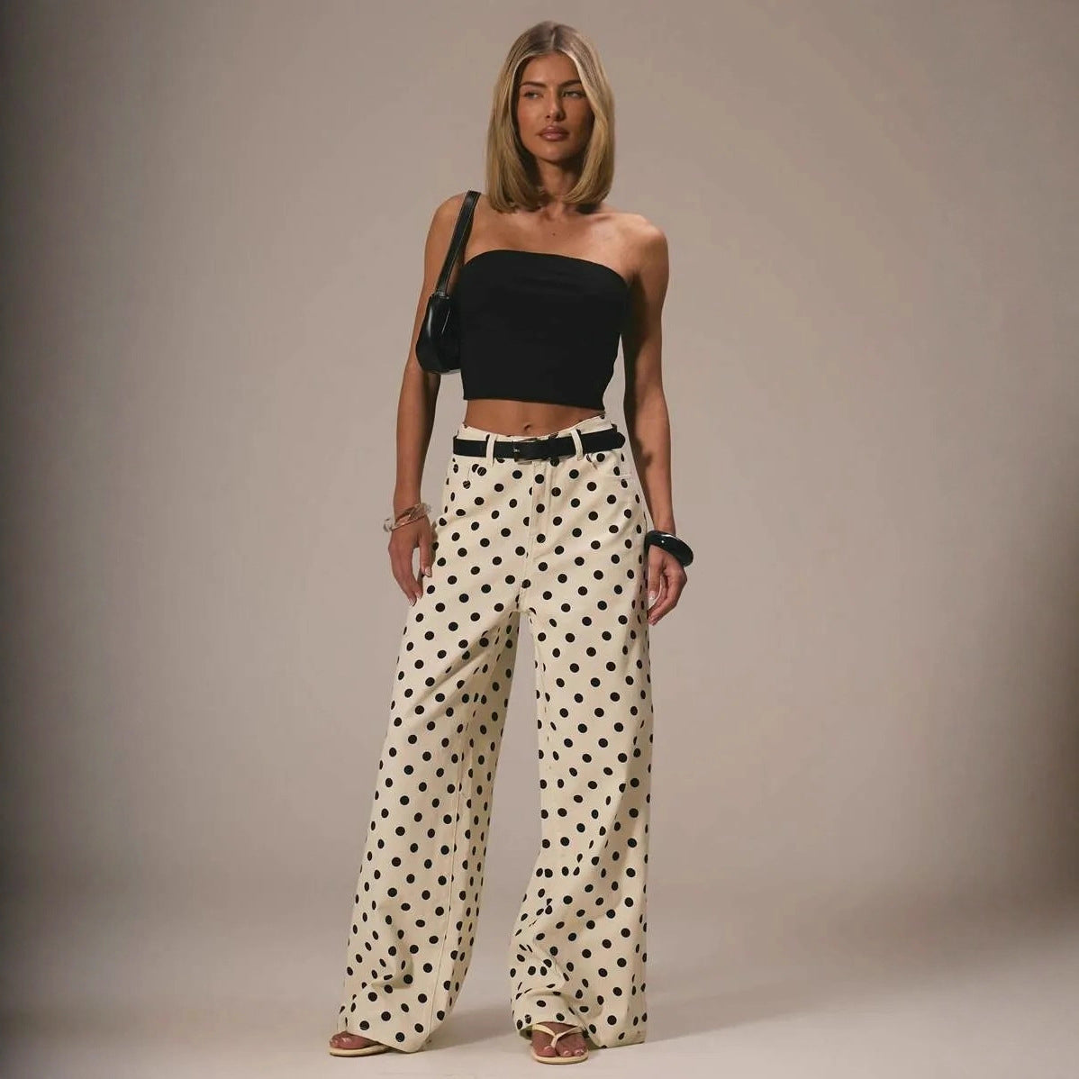 Vaquero Recto Holgado Talle Medio Lunares Denim Algodón Casual Chic Mujer