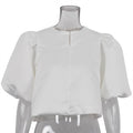 Personalized socialite solid color bubble sleeve style short sleeved satin short top shirt
