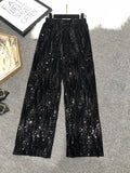 Pantalón Largo Pierna Ancha Ante Brillante Bordado Lentejuelas Hasta El Suelo Mujer