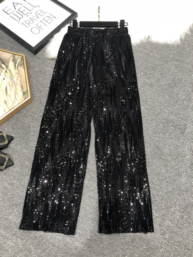 Pantalón Largo Pierna Ancha Ante Brillante Bordado Lentejuelas Hasta El Suelo Mujer