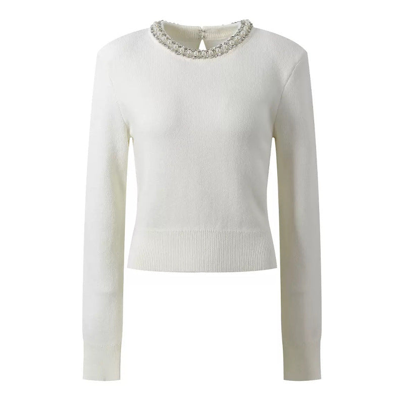 Chic Pearl and Rhinestone Embellished Round Neck French Sweet Girl Style Versatile Knit Sweater for Women