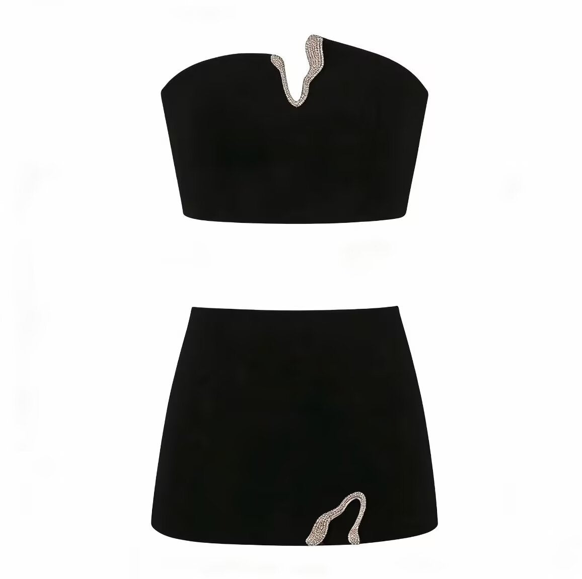 Conjunto Dos Piezas Top Bustier Strass Serpiente Mini Falda Poliéster Glamuroso Sexy Mujer Blanco Negro