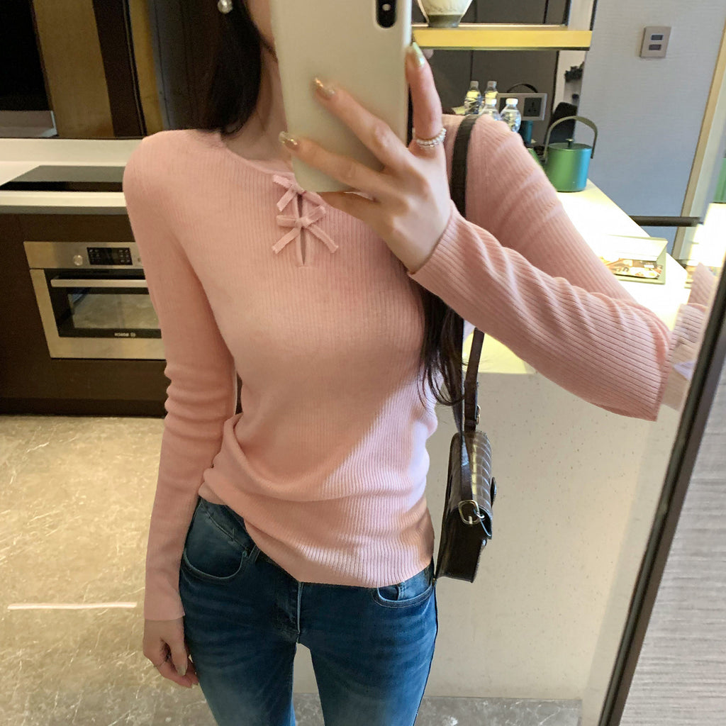Pink Hollow-Out Bow Knit Top for Women Slim Fit Long Sleeve Inner Wear