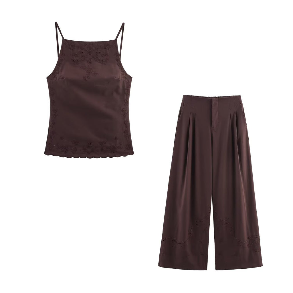 Conjunto Dos Piezas Top Bordado Espalda Descubierta Sin Mangas y Pantalón Largo Casual Poliéster Slim Fit Mujer Marrón