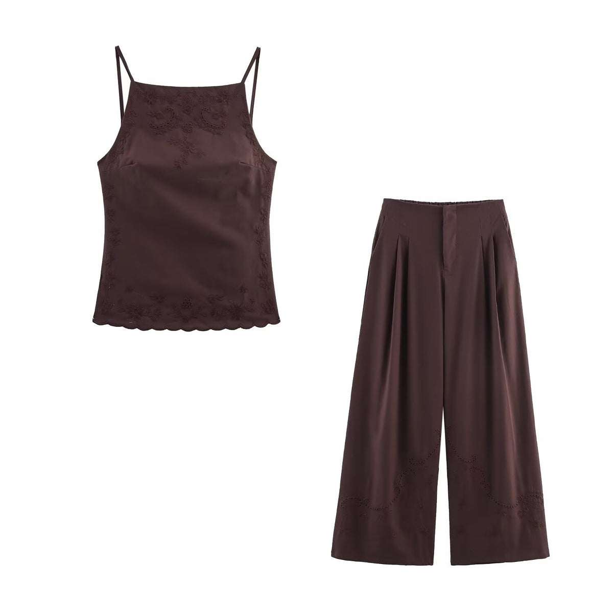 Conjunto Dos Piezas Top Bordado Espalda Descubierta Sin Mangas y Pantalón Largo Casual Poliéster Slim Fit Mujer Marrón