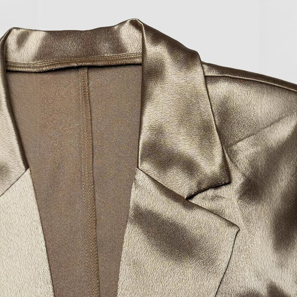 Conjunto Dos Piezas Blazer Manga Larga Antiarrugas Pantalón Tres Cuartos Bolsillos Poliéster Spandex Trendy Mujer Dorado