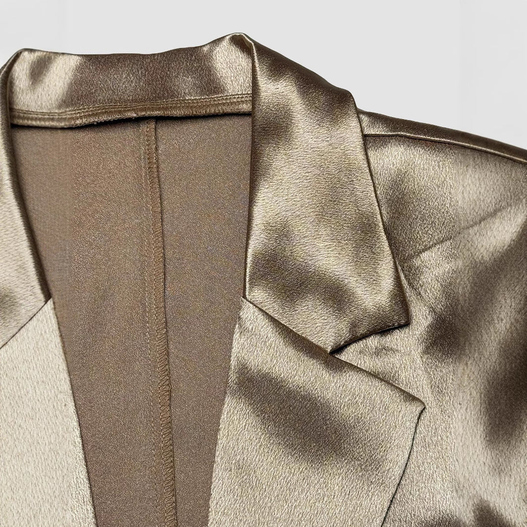 Conjunto Dos Piezas Blazer Manga Larga Antiarrugas Pantalón Tres Cuartos Bolsillos Poliéster Spandex Trendy Mujer Dorado