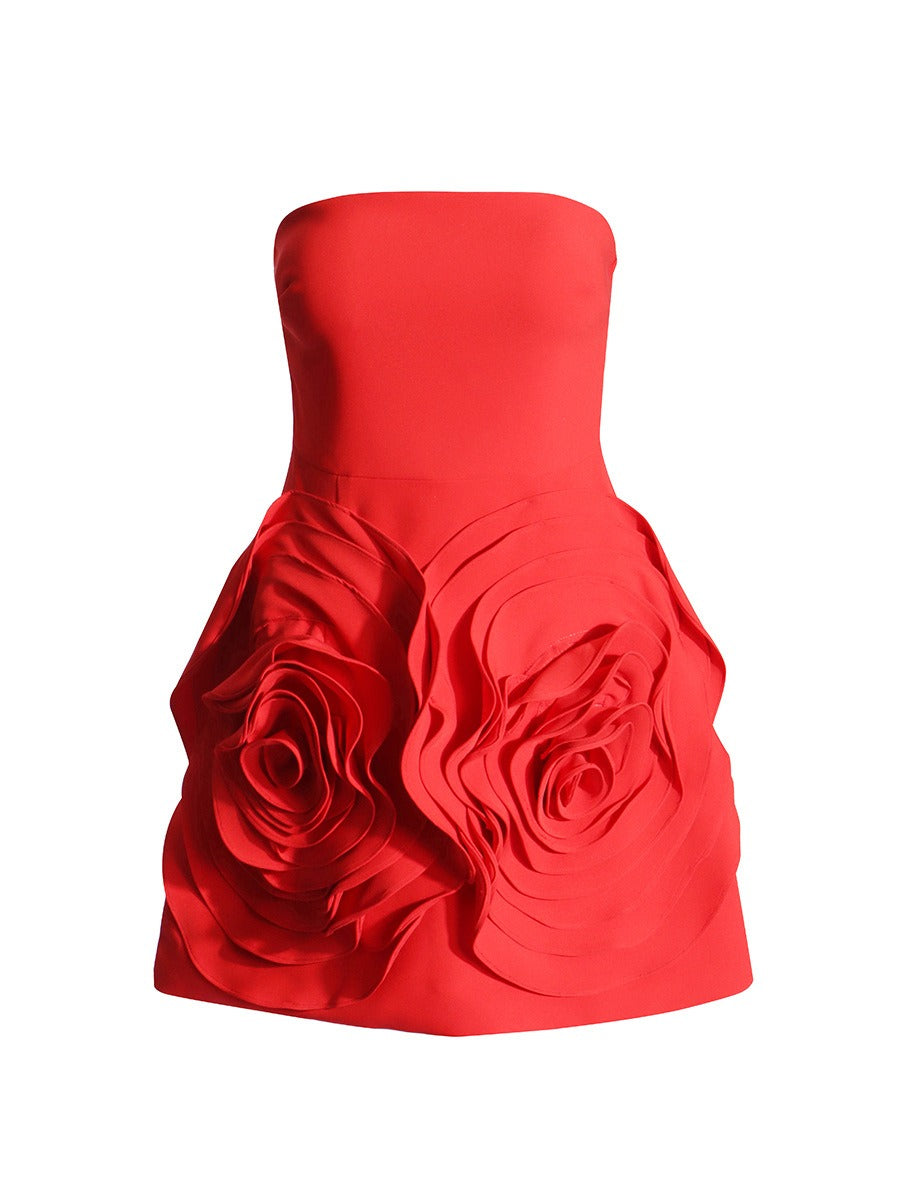 Vestido de fiesta para mujer con estilo femenino, palabra de honor, línea A, con rosas tridimensionales y grandes flores en patchwork.