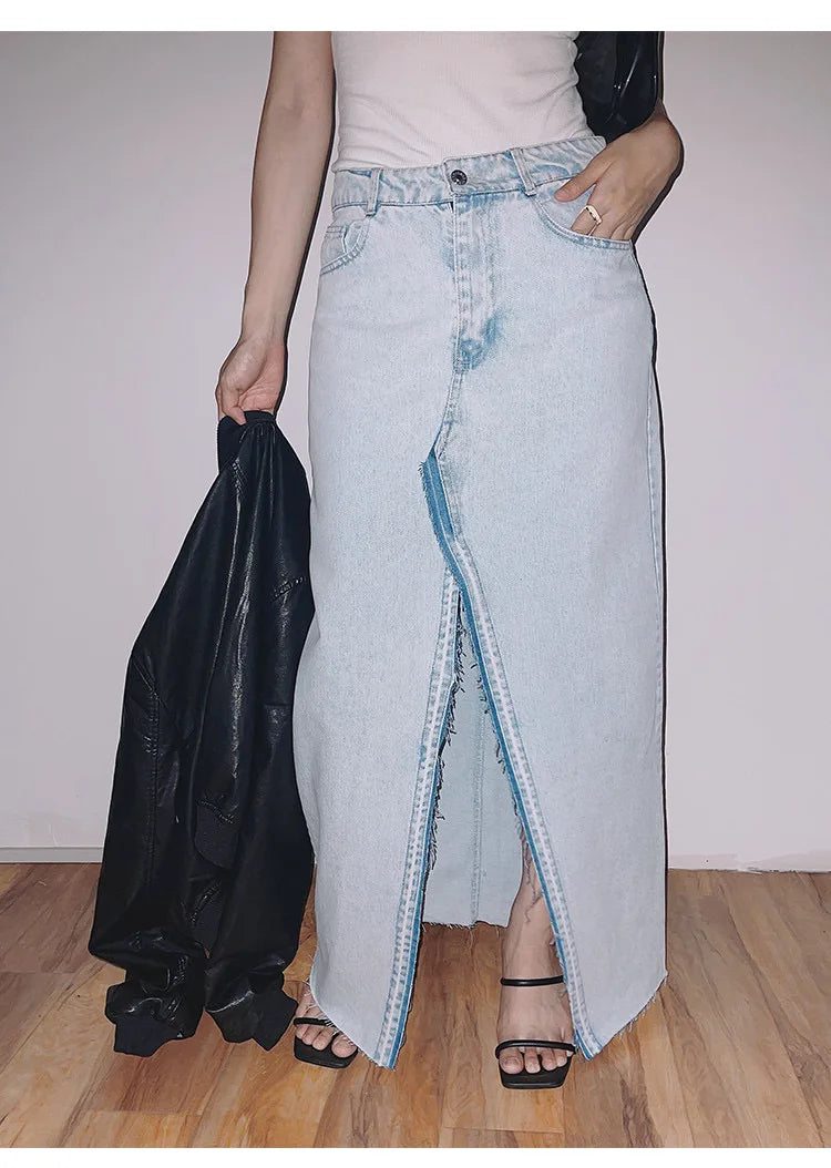 Falda Larga Vaquera Asimétrica Abertura Frontal Borde Deshilachado Denim Lavado Coreano Chic Mujer