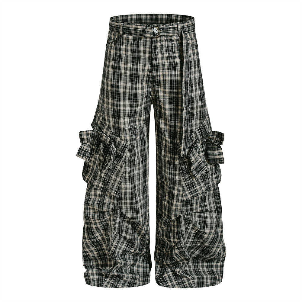 Pantalón Largo Holgado Cuadros Lazo Bolsillos Grandes Algodón Talle Medio Mujer
