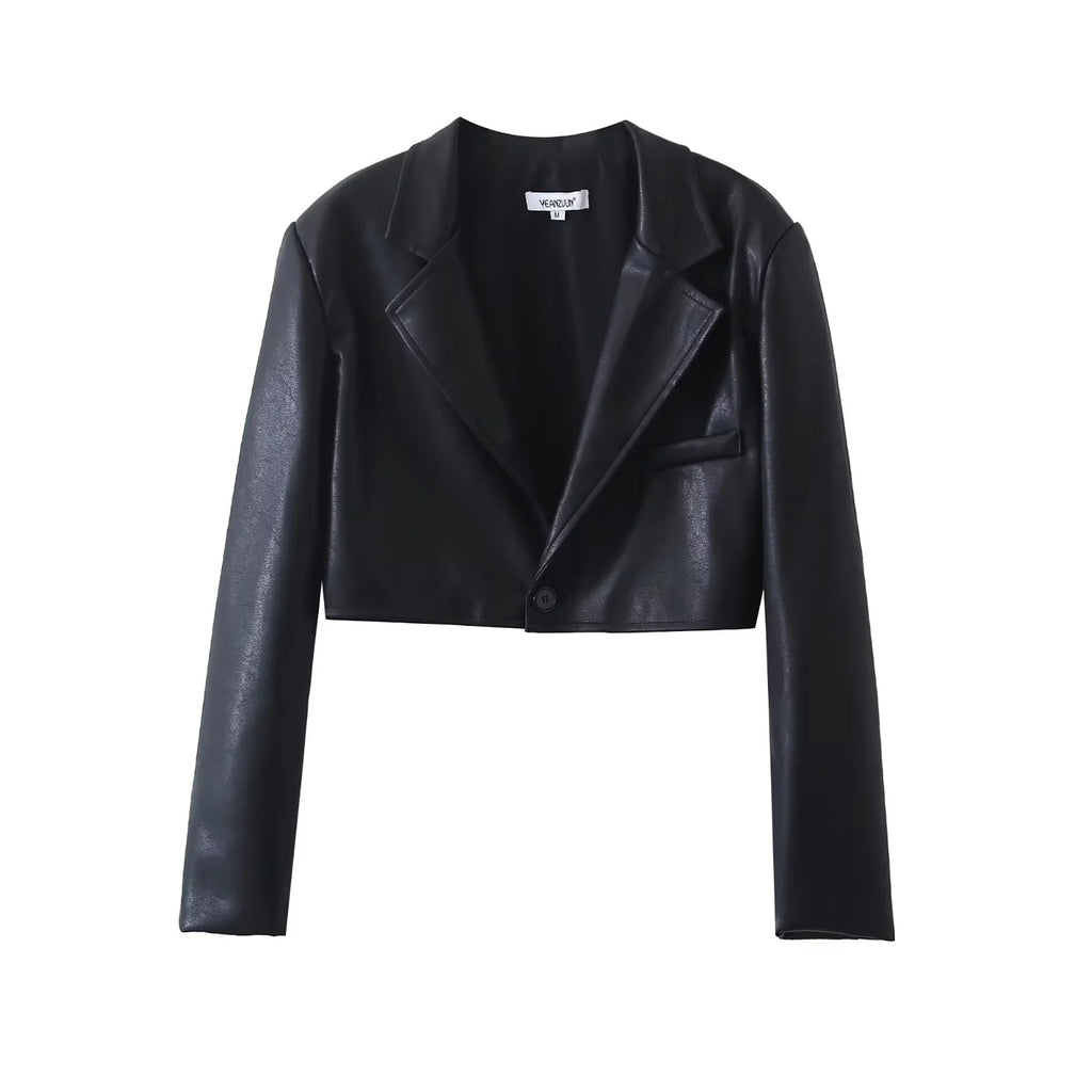 Conjunto Dos Piezas Blazer Cropped Cuero Sintético PU Mini Falda Botones Streetwear Chic Otoño Mujer