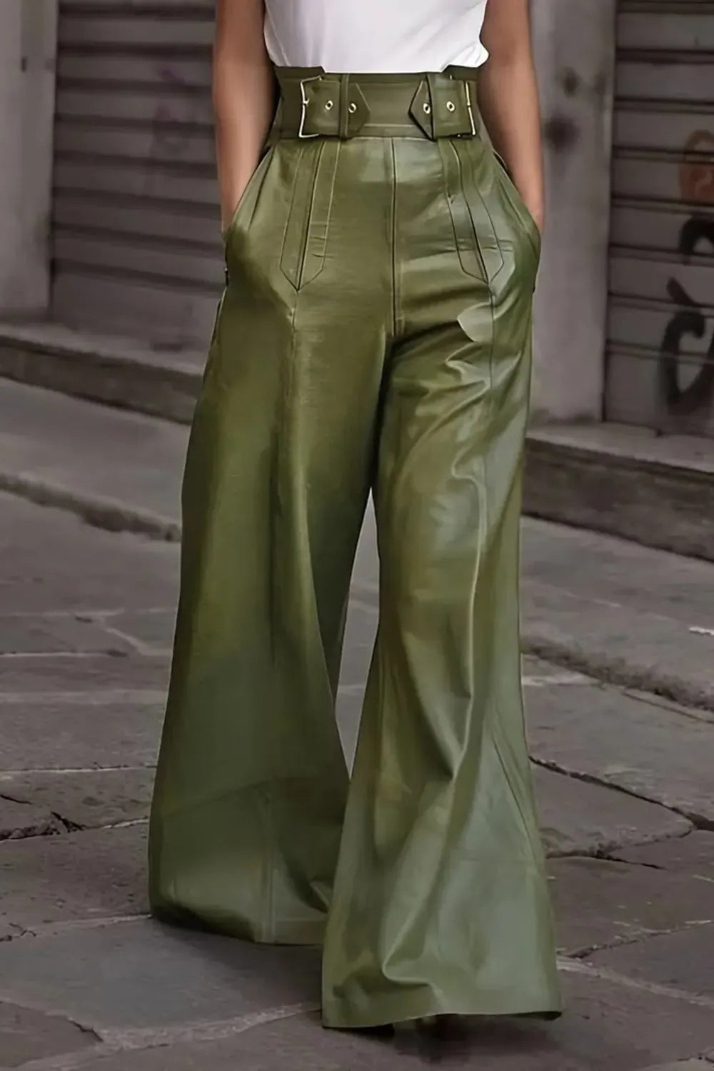 Pantalón Acampanado Cintura Alta Cuero Sintético PU con Bolsillos Mujer