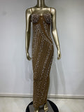 Vestido Tirantes Escote Pronunciado Abertura Alta Diamantes Perlas Light Luxury Fiesta Noche Mujer Camel