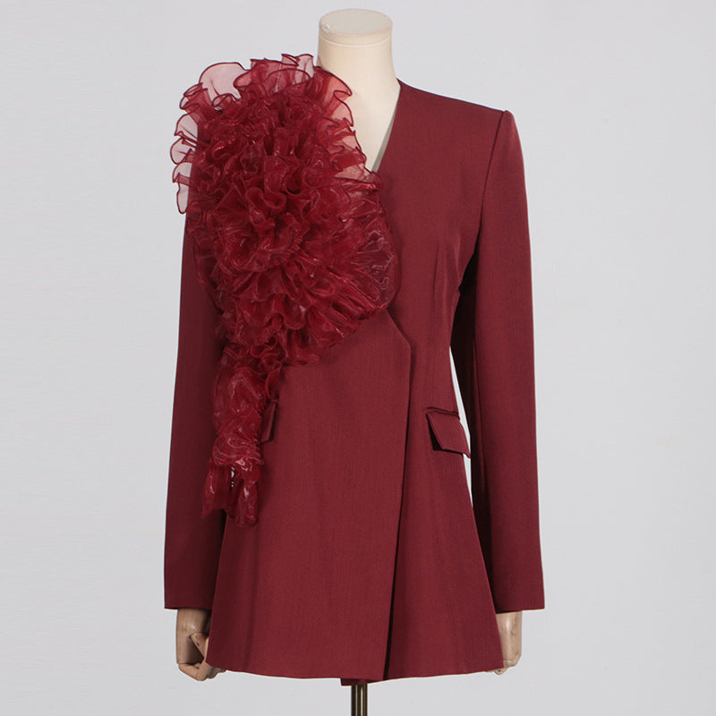 Blazer Poliéster Slim Fit Encaje Floral Empalmado Cuello V Manga Larga Elegante Alta Gama Mujer Rojo