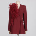 Blazer Poliéster Slim Fit Encaje Floral Empalmado Cuello V Manga Larga Elegante Alta Gama Mujer Rojo