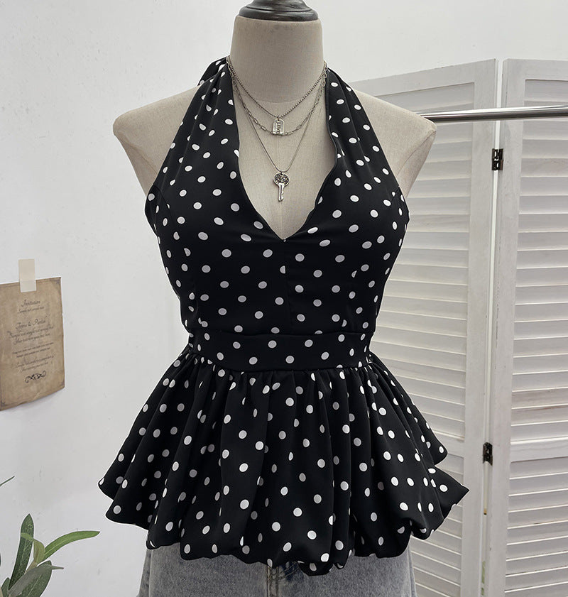 Backless neck tied polka dot top