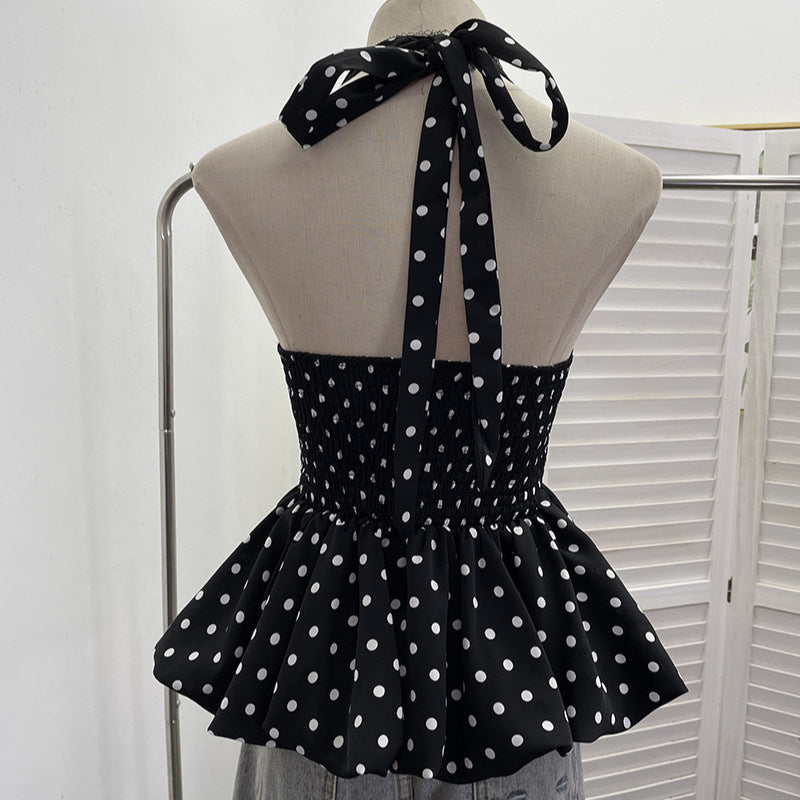 Backless neck tied polka dot top
