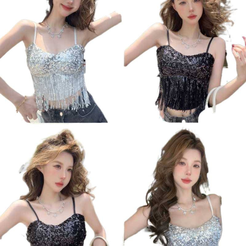 Camiseta sin mangas con escote halter, fleculos y lentejuelas