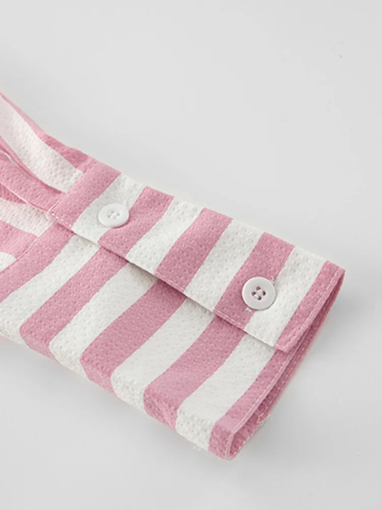 Women pink Color Striped Bow Casual Blouse New Lapel Long Sleeve Loose Fit Shirt Fashion Tide Spring Autumn
