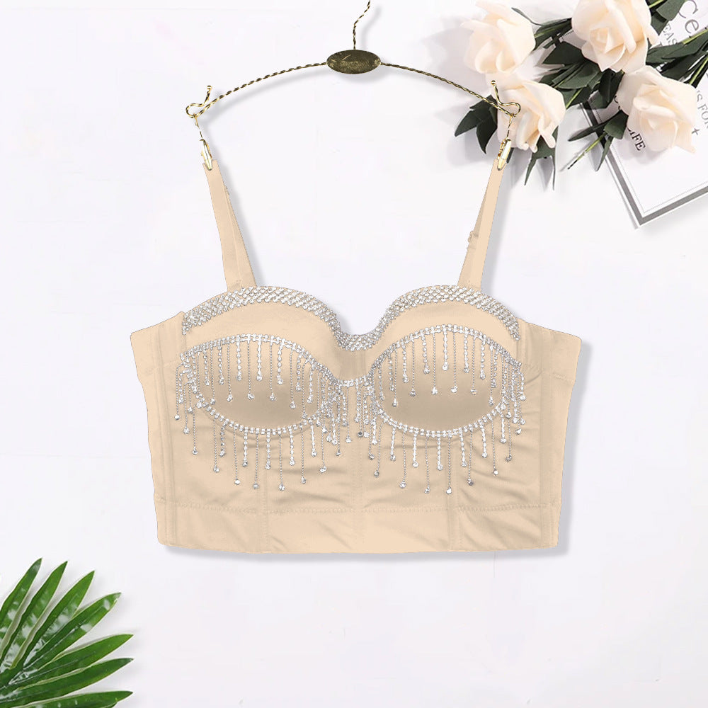 Sexy Spaghetti Strap Corset with Rhinestones and Tassels
