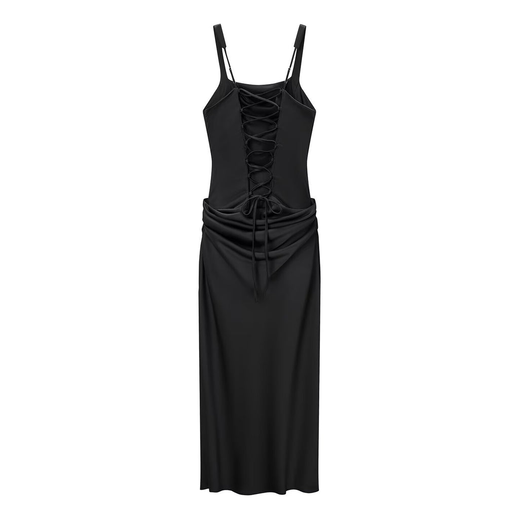 Vestido sin mangas ajustado a la cadera con plisados largo