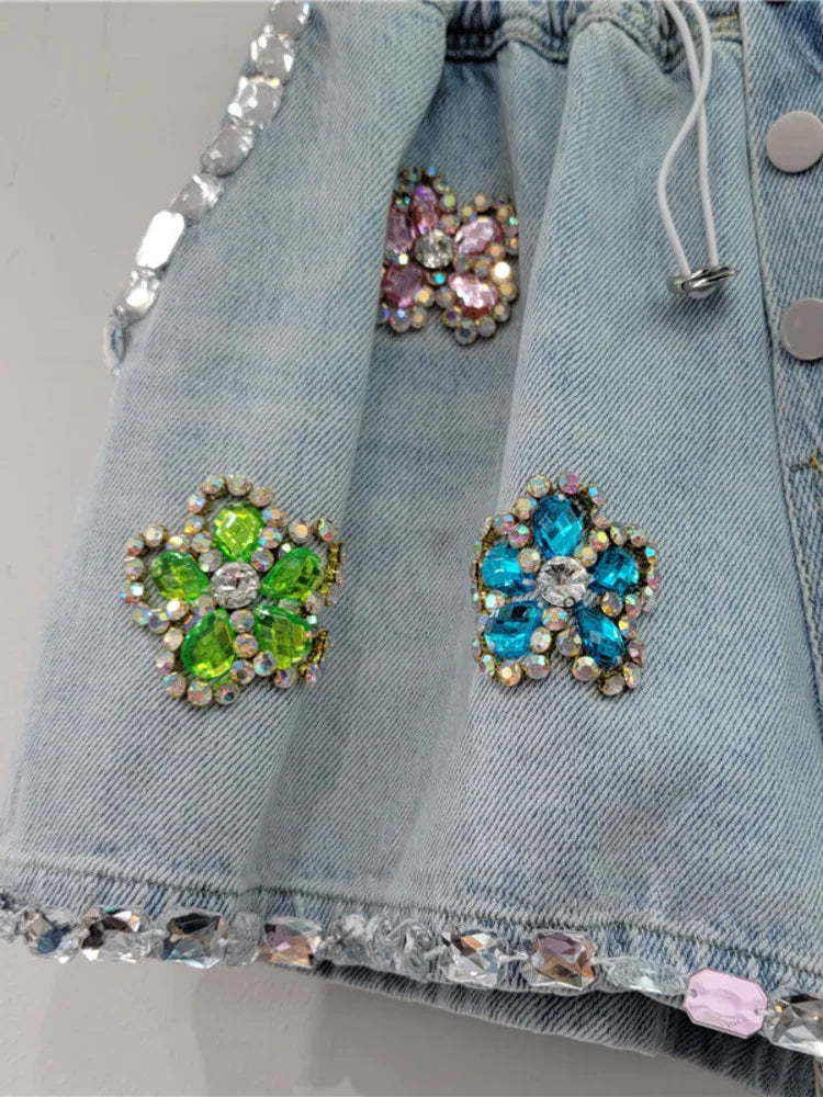 Denim shorts with Flower set with diamonds details elastic high waist loose fit and slimming effect