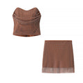 Conjunto Dos Piezas Top Sin Tirantes Transparente Empalmado Mini Falda Poliéster Street Fashion Casual Mujer Marrón