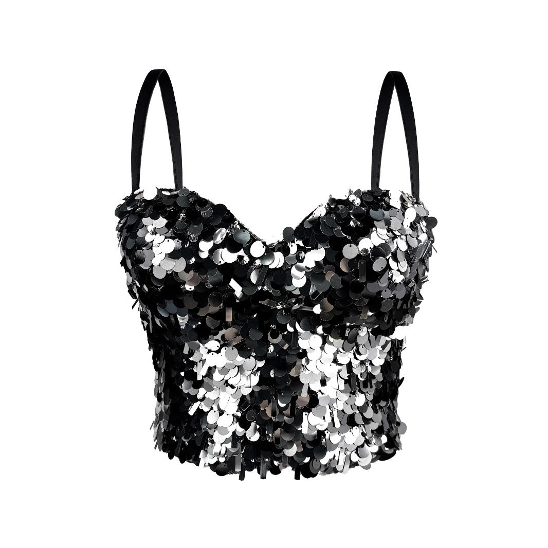 Top brillante de lentejuelas con tirantes sexy