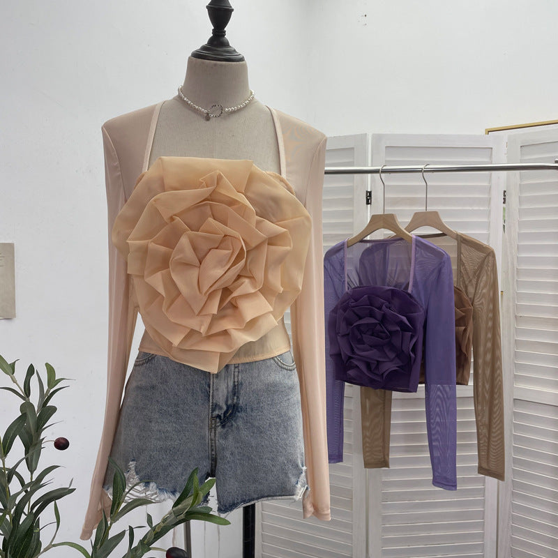 Top Malla Flores 3D Manga Larga Cuello Cuadrado Mujer