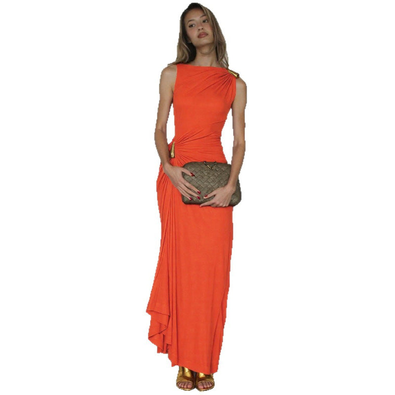 Fashionable Sexy Fitted Metallic Decorated Pleated Sleeveless Bodycon Dress