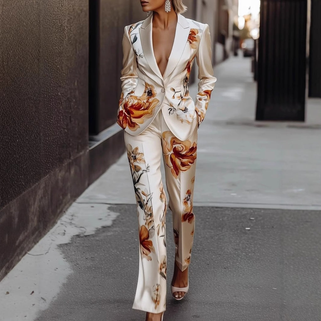 Conjunto Dos Piezas Blazer Satén Estampado Manga Larga Pantalón Largo Elegante Estilo Europeo Mujer
