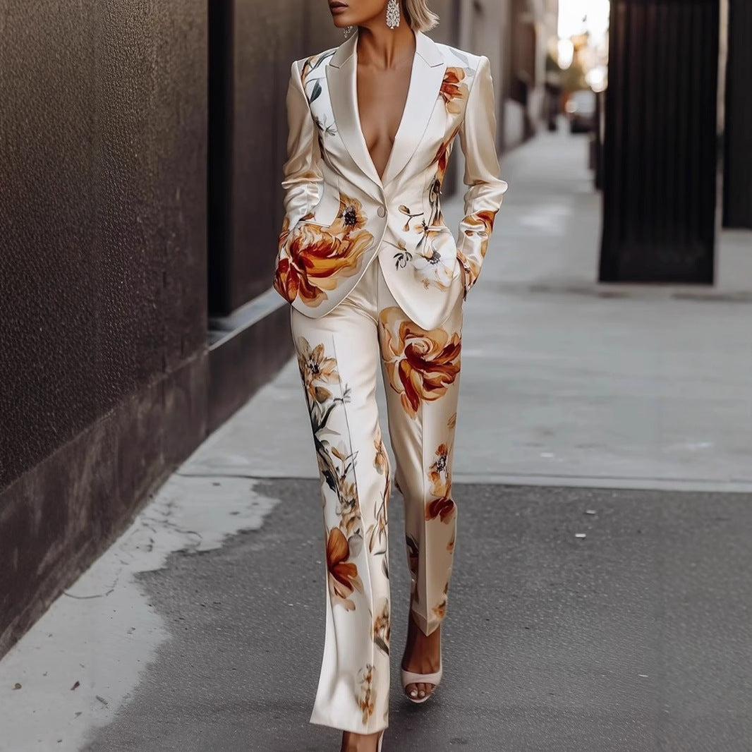 Conjunto Dos Piezas Blazer Satén Estampado Manga Larga Pantalón Largo Elegante Estilo Europeo Mujer