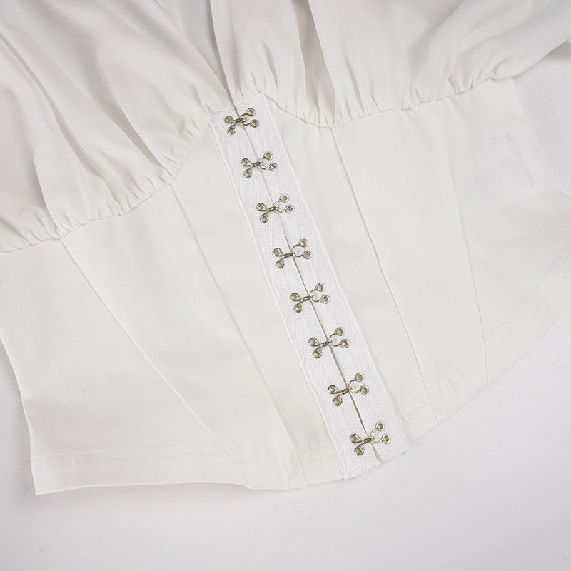 Top Chifón Cuello V Manga Linterna Cintura Fruncida