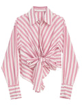 Women pink Color Striped Bow Casual Blouse New Lapel Long Sleeve Loose Fit Shirt Fashion Tide Spring Autumn