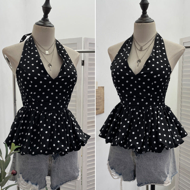 Backless neck tied polka dot top