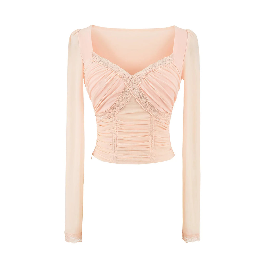 Lace patchwork V-neck long sleeved T-shirt with chest cushion