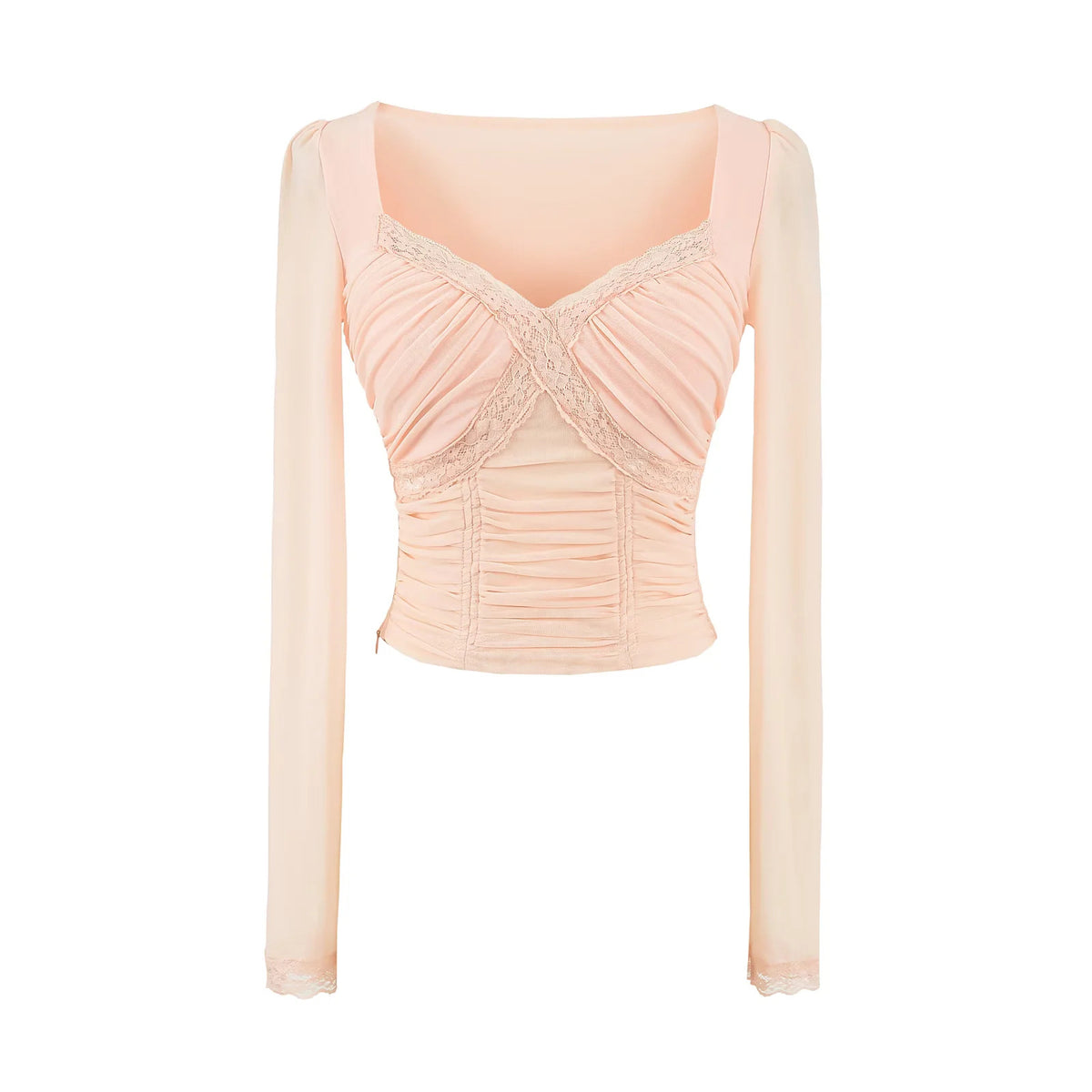 Lace patchwork V-neck long sleeved T-shirt with chest cushion