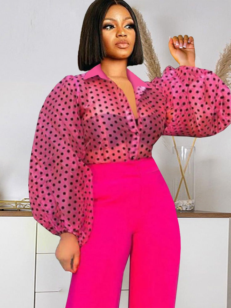 Camisa Organza Lunares Manga Abullonada Transparente Cuello V Mujer