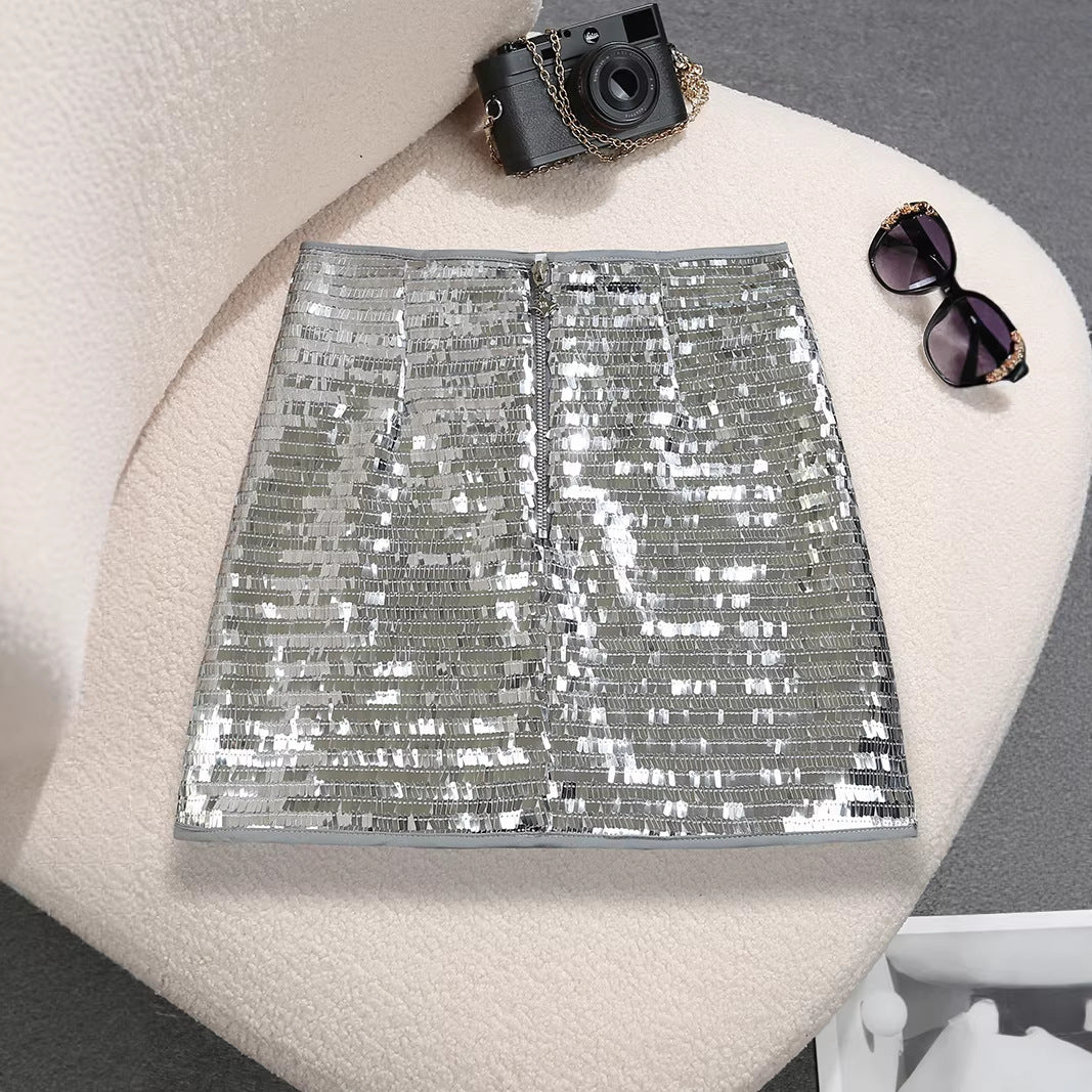 Mini Falda Tipo A Cintura Alta Efecto Brillante Seductor Sofisticado Mezcla Algodón Mujer