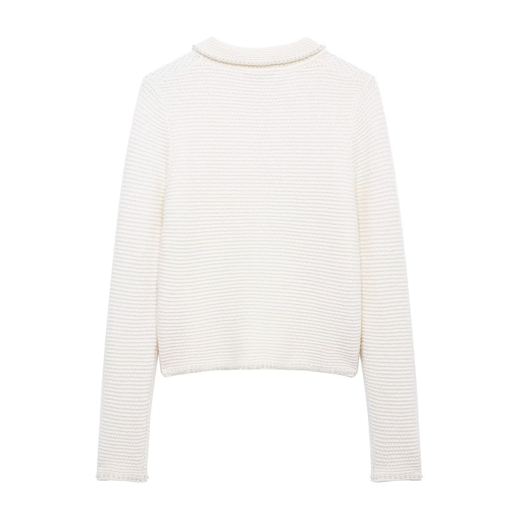 Conjunto Dos Piezas Chaqueta Punto Perlas Cuello Vuelto Mini Falda Poliéster Chic Casual Mujer Blanco