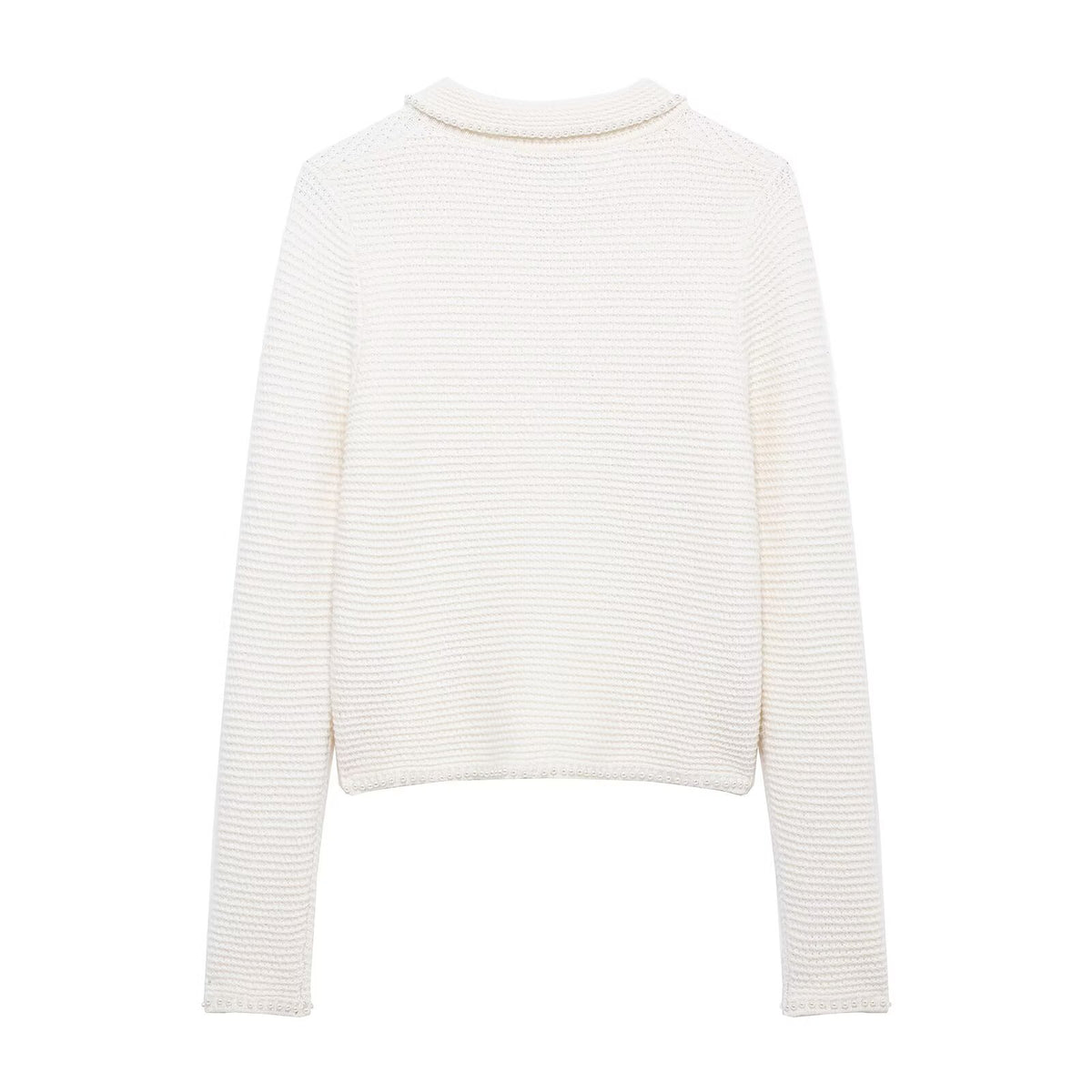 Conjunto Dos Piezas Chaqueta Punto Perlas Cuello Vuelto Mini Falda Poliéster Chic Casual Mujer Blanco