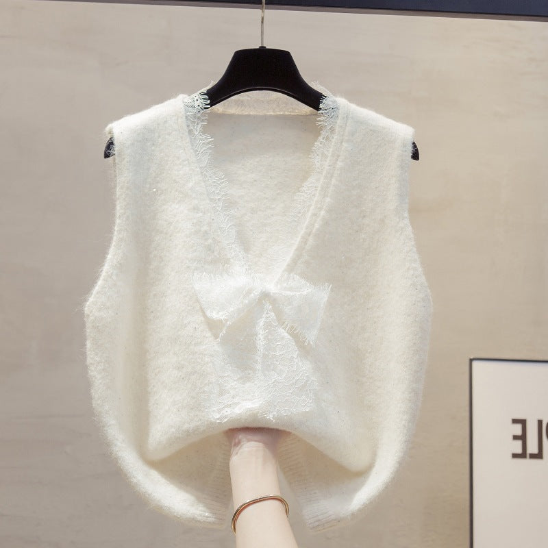 Lace Bow Knit Vest for Women, Soft and Loose V-Neck Sleeveless Sweater