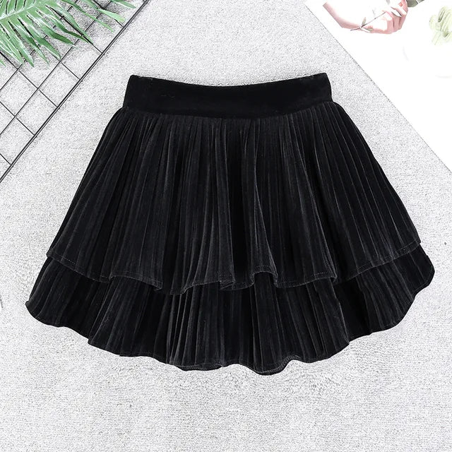 Velvet Tiered Mini Skirt  Low-Rise Ruffled Pleated Short Skirt in Brown Black Autumn Winter Vintage Outfit