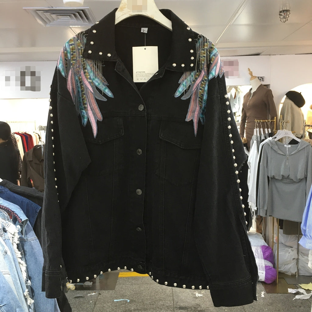 Chaqueta Vaquera Denim Algodón Holgada Manga Murciélago Bordado Alas Flecos Street Primavera Otoño Mujer Negro Azul